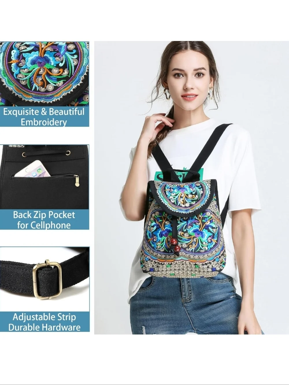 💙 Embroidered Boho Black & Blue Floral Backpack and Crossbody Purse 2pc